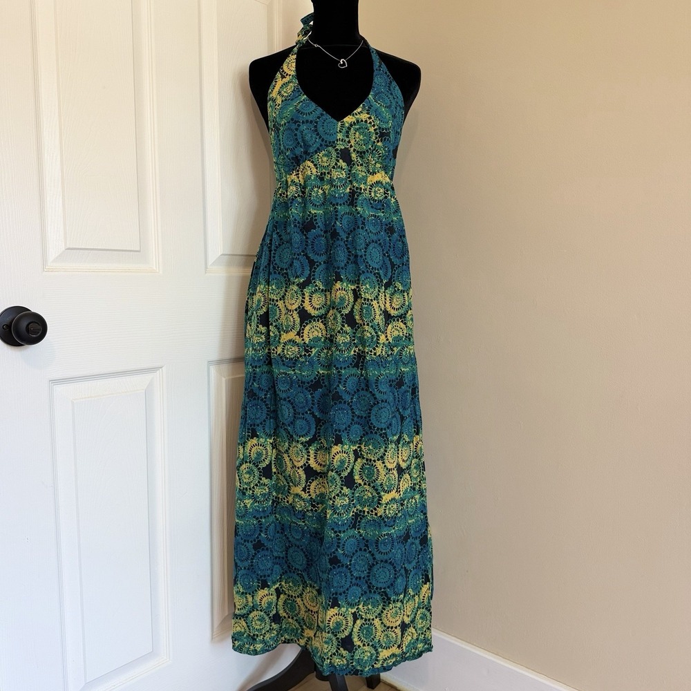 Old Navy Y2K VTG Maxi Halter Dress (S) Multicolor Linen Cotton Blend 2007 Beach